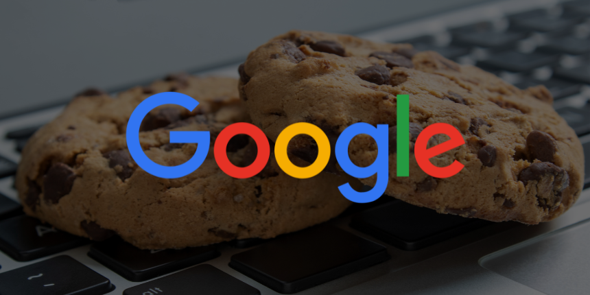 Chocolate chip cookies on a laptop keyboard with the Google logo overlaid.