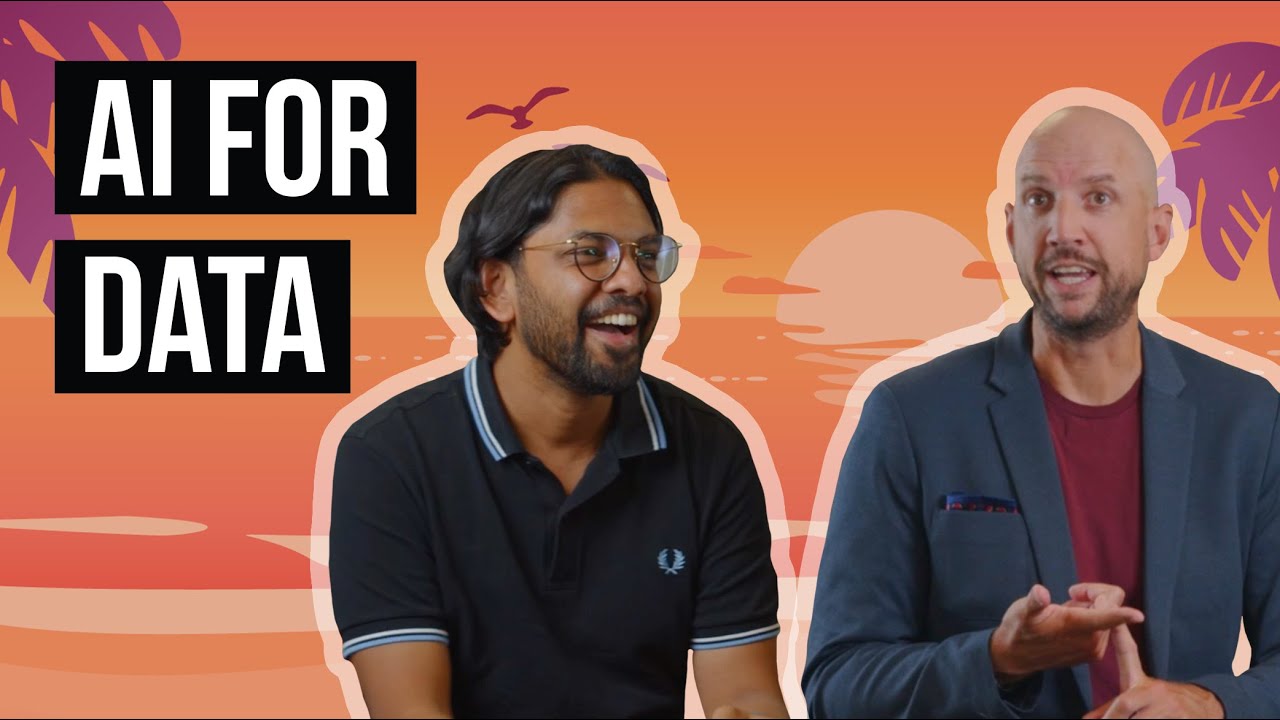 "AI for Data" text with two men talking against a sunset background.