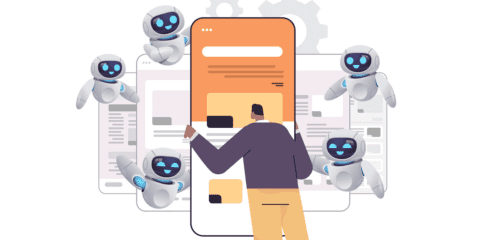 Illustration of a person interacting with a large smartphone while surrounded by smiling robots.