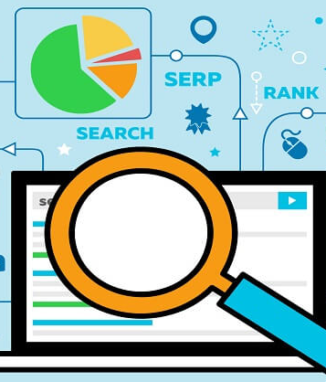 Illustration of a laptop with a magnifying glass, pie chart, and SEO-related terms like 