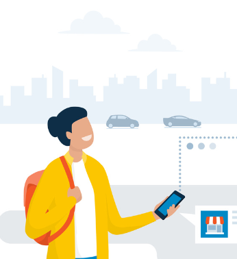 Illustration of a person with a backpack holding a smartphone, with a cityscape and cars in the background.