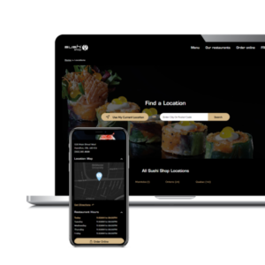 Laptop- und Smartphone-Bildschirm mit Sushi-Shop-Website, Suchfunktion und Standortkarte.