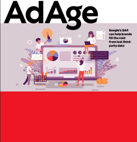 AdAge cover featuring an illustration of people interacting with digital analytics on a large screen and the text 