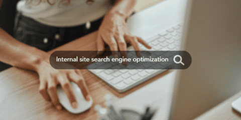 Person using a computer keyboard and mouse, with a search bar overlay displaying "Internal site search engine optimization."