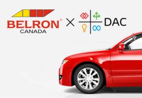 Belron Canada logo next to DAC logo, with front portion of a red car visible.