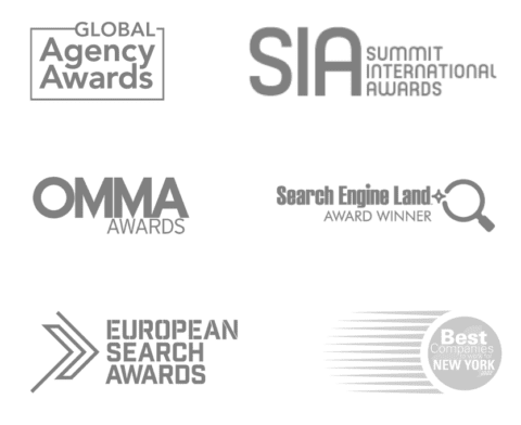 Logos of Global Agency Awards, Summit International Awards, OMMA Awards, Search Engine Land Award Winner, European Search Awards, and Best Companies to Work for in New York 2022.