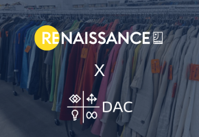 Clothing rack in a store with various garments. Text overlays on the image say "Renaissance" and "DAC."