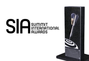 SIA Summit International Awards logo next to a trophy with a pen and target design.