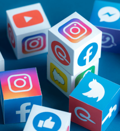 Cubes with social media logos including Instagram, Facebook, Twitter, and others.