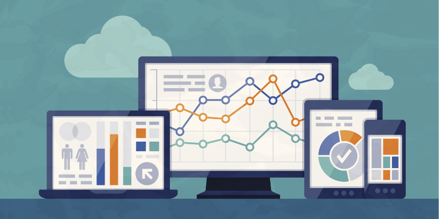 Illustration of various electronic devices displaying different types of data charts and graphs, including a laptop, desktop monitor, tablet, and smartphone against a cloudy blue background.