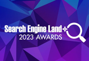 Search Engine Land 2023 Awards banner with a magnifying glass graphic on a geometric purple and blue background.