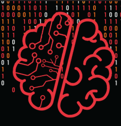 Illustration of a brain with one half as circuitry on a background of binary code.