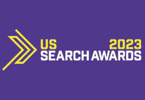 US Search Awards 2023 logo with yellow text and arrow on a purple background.