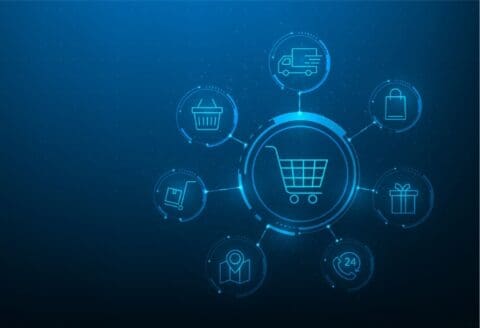 Digital illustration of a shopping cart surrounded by various e-commerce icons on a blue background.