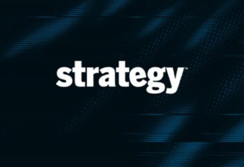 The word "strategy" on a dark blue abstract background.