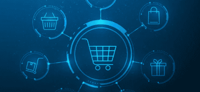 Digital illustration of a shopping cart surrounded by icons for e-commerce, including a basket, gift, bag, and delivery truck.