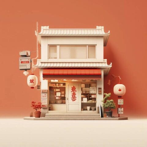 Japanese-style storefront with white and red accents, paper lanterns, and potted plants on an orange background.