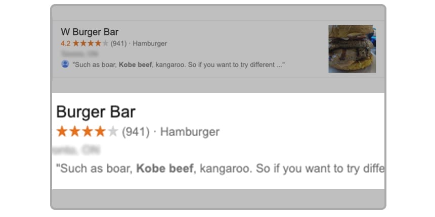 Google review snippet for a burger restaurant