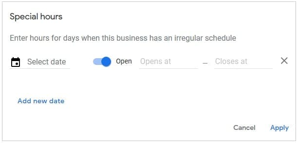 Managing special hours in Google My Business