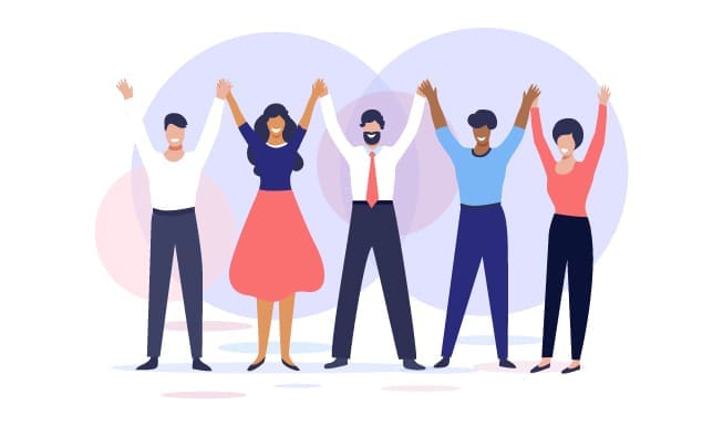 Illustration of coworkers holding each others hands in the air