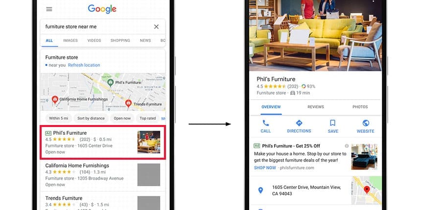 Exemple d’une annonce de recherche locale Google