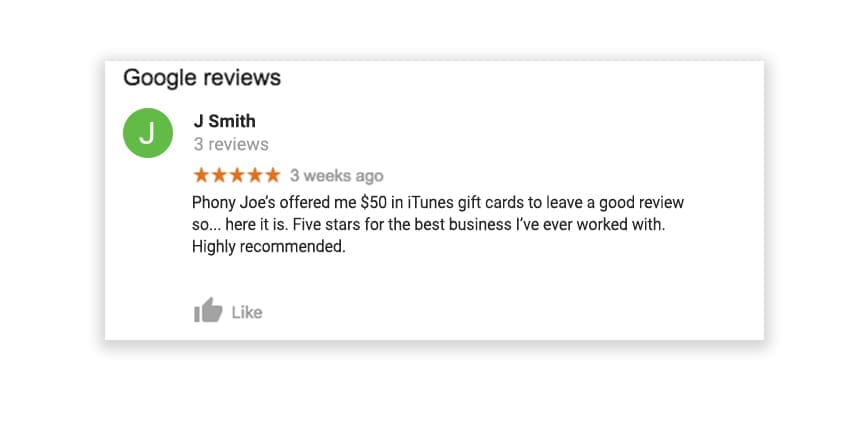 A clearly incentivized Google review for a local business