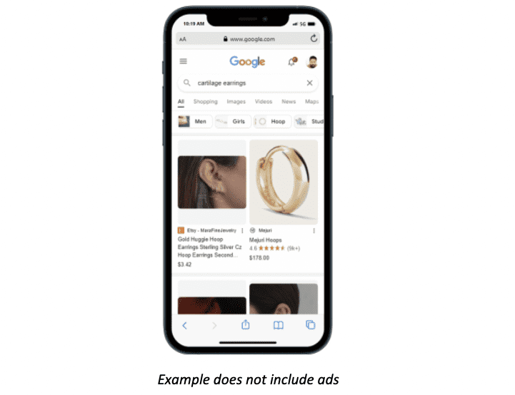 Screenshot of search on shopping experience on a smartphone