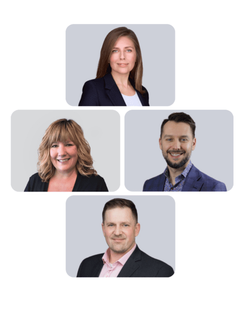 Four people in business attire, arranged in a cross layout, each in a separate square frame with a light gray background.