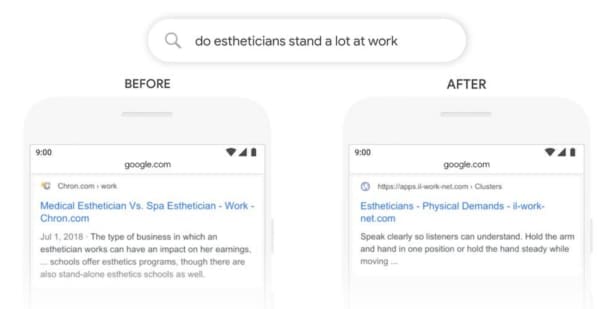 Ejemplo de resultados de Google's el modelo de lenguaje BERT sirve resultados más eficaces basados en las intenciones del usuario