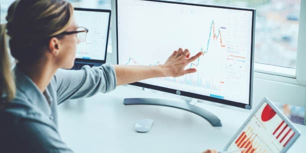 Business woman studies data on her computer monitor.