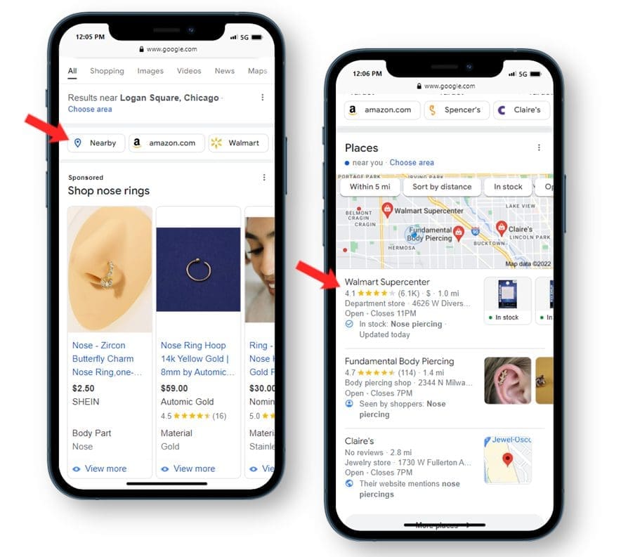 Local search results generated by product searches in Google