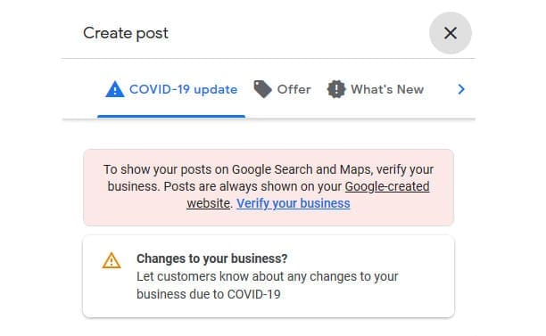 Google Post type specifically for COVID-19 updates