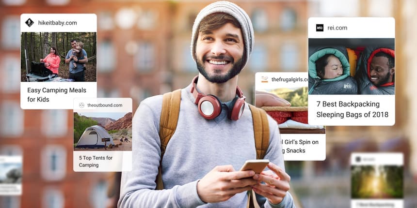 Young man browsing themed search results for camping trips