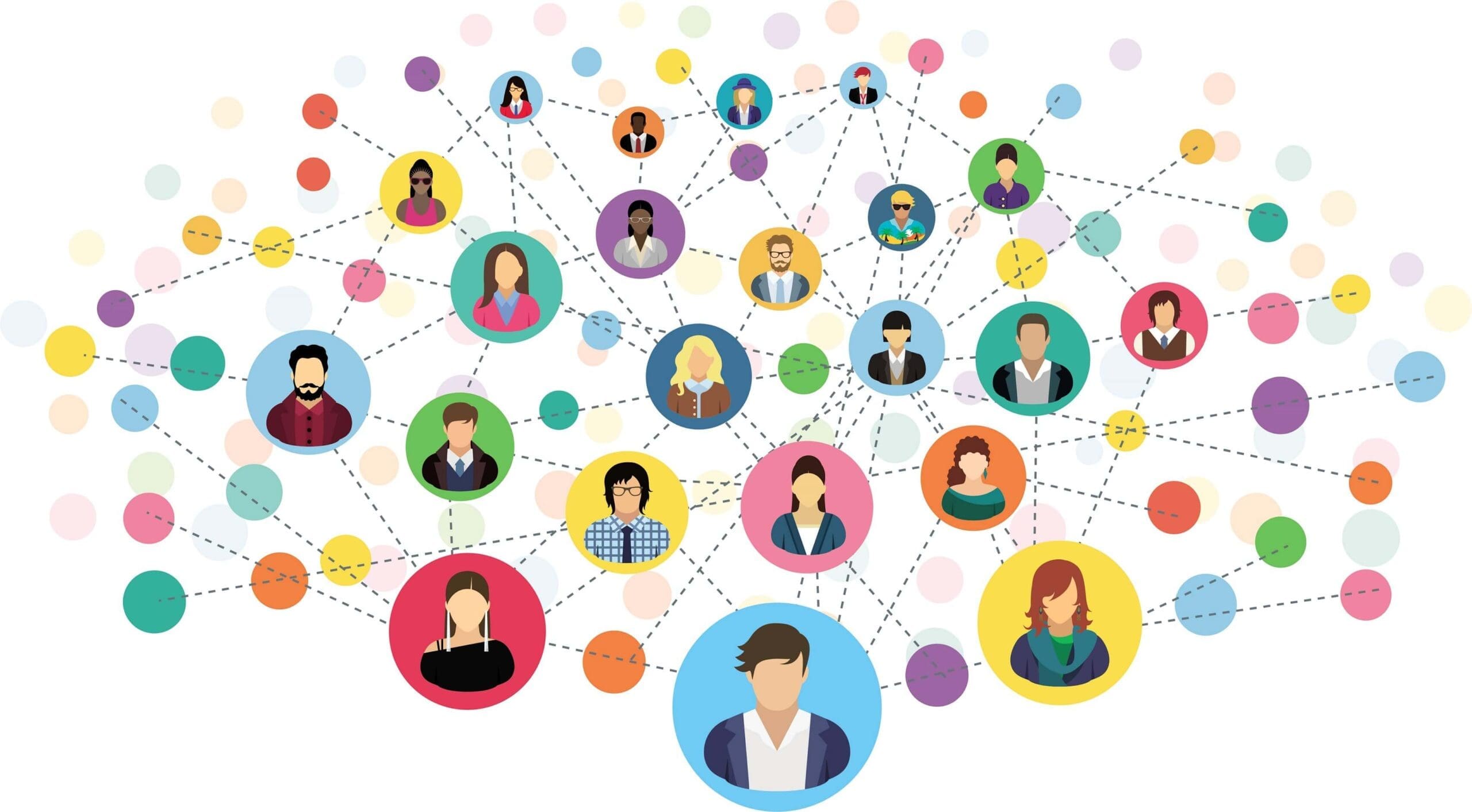 Illustration of a social network with diverse avatar icons connected by dotted lines, representing interconnectedness.