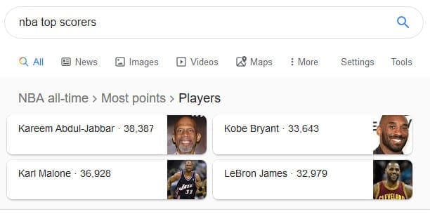 Google 'Answer Box' for the query "NBA top scorers"