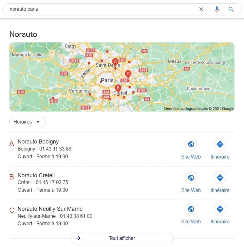 Exemple de Local Pack suite à une recherche locale