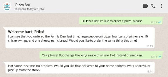 WhatsApp messages with a pizza-ordering chatbot