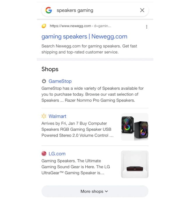 New "Shops" section on Google mobile search results