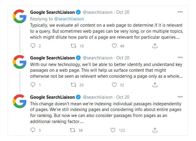 Tweets from Google's search liaison explaining passage indexing