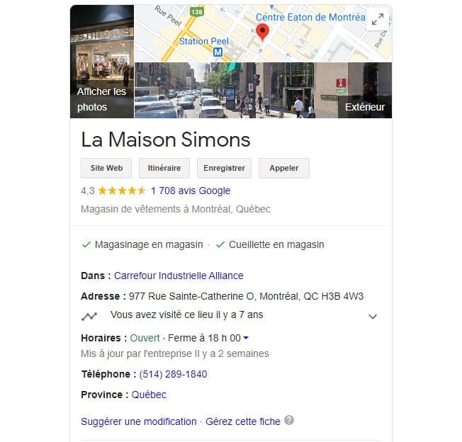 Google My Business listing for a Simons department store