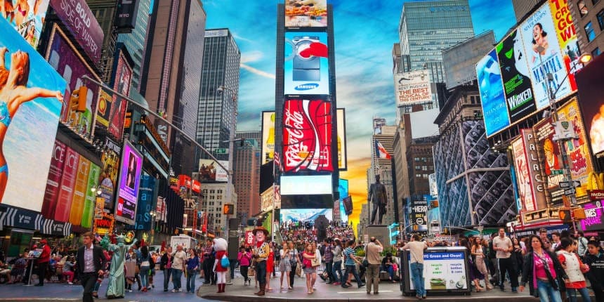 A busy and colorful Times Square in New York City