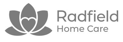 Logo of Radfield Home Care with a stylized lotus flower and heart design.