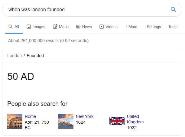 Google 'Answer Box' for the query "When was London founded?"