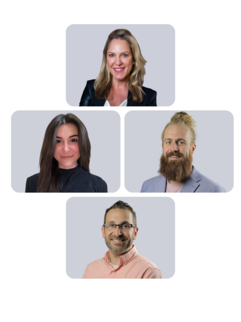 A collage of four people in individual portrait photos with a light gray background.