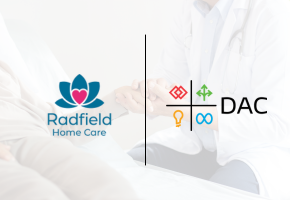 Logos of Radfield Home Care and DAC with a medical professional holding a patient's hand in the background.