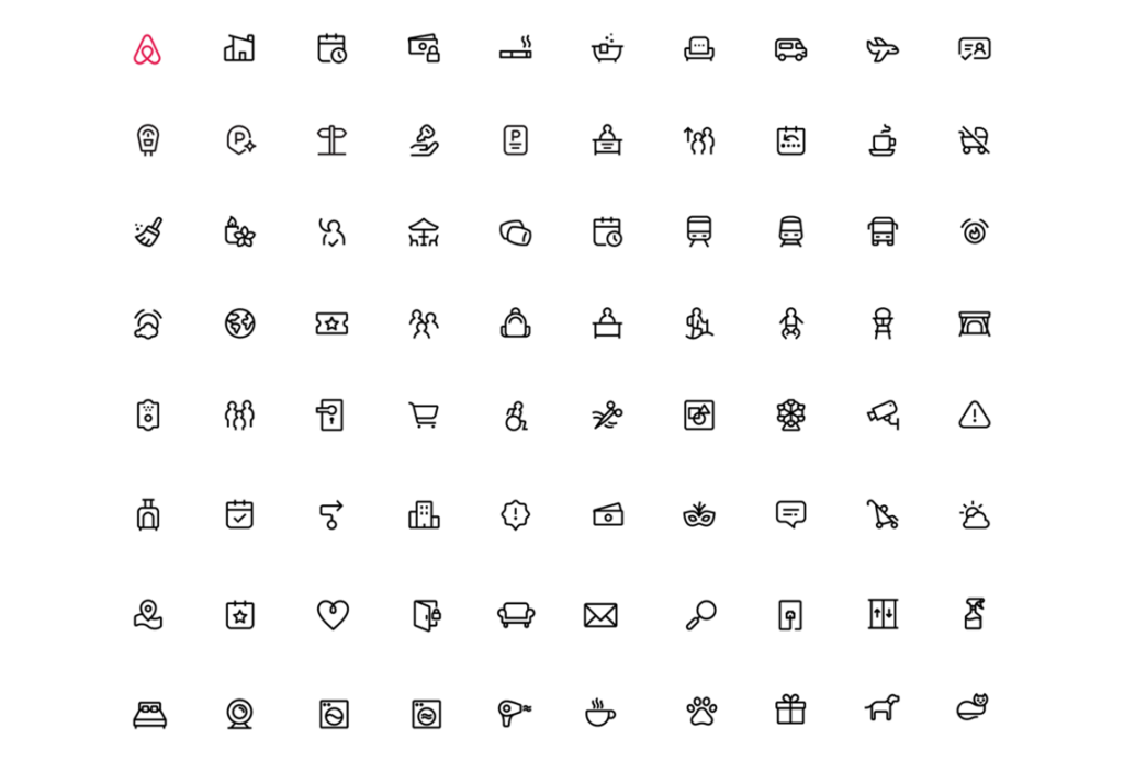 Various minimalist icons representing travel and accommodation amenities.