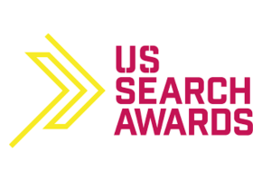 Logo of the US Search Awards with yellow arrows and pink text.