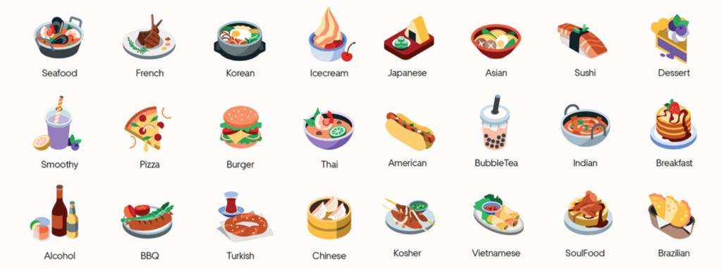 Icons representing different food categories including seafood, French, Korean, ice cream, Japanese, Asian, sushi, dessert, smoothie, pizza, burger, Thai, American, bubble tea, Indian, breakfast, alcohol, BBQ, Turkish, Chinese, kosher, Vietnamese, soul food, and Brazilian.