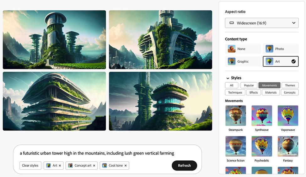 A futuristic urban tower high in the mountains, featuring lush green vertical farming, with a graphic design and art style shown in concept art.