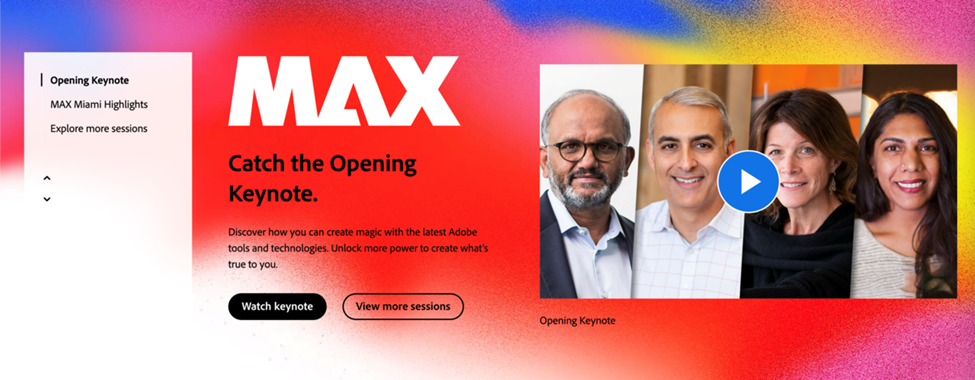 Catch the Opening Keynote promotional banner for Adobe MAX with four people pictured.